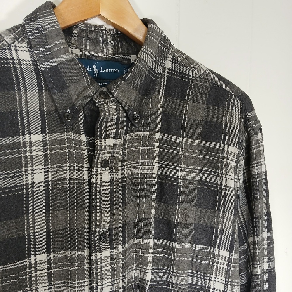 Ralph Lauren Flannel Button Down Mens XL Grey Plaid Classic Fit Long Sleeve Pony